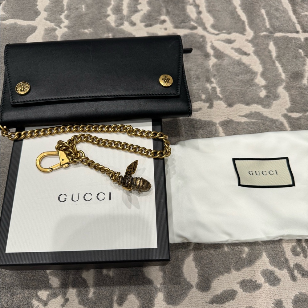 Gucci Black Wallet with Gold Chain